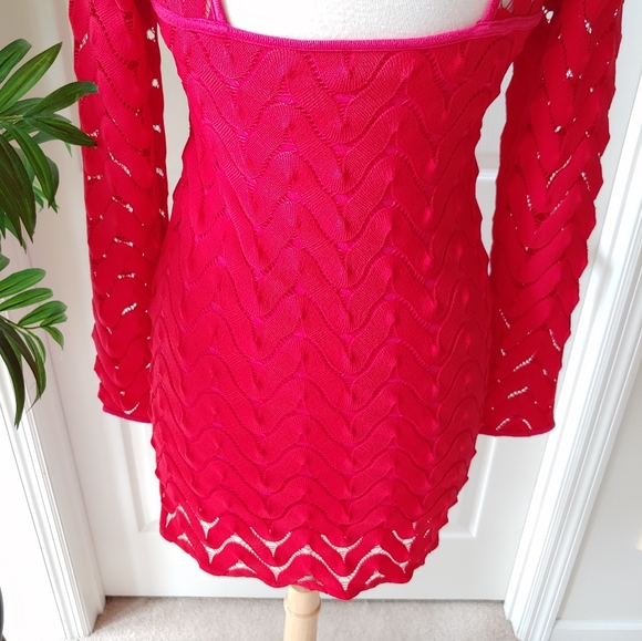 Free People Long Sleeve Scoop Cutout Back Lace Crochet Fitted Dress Pink M - Picture 7 of 8